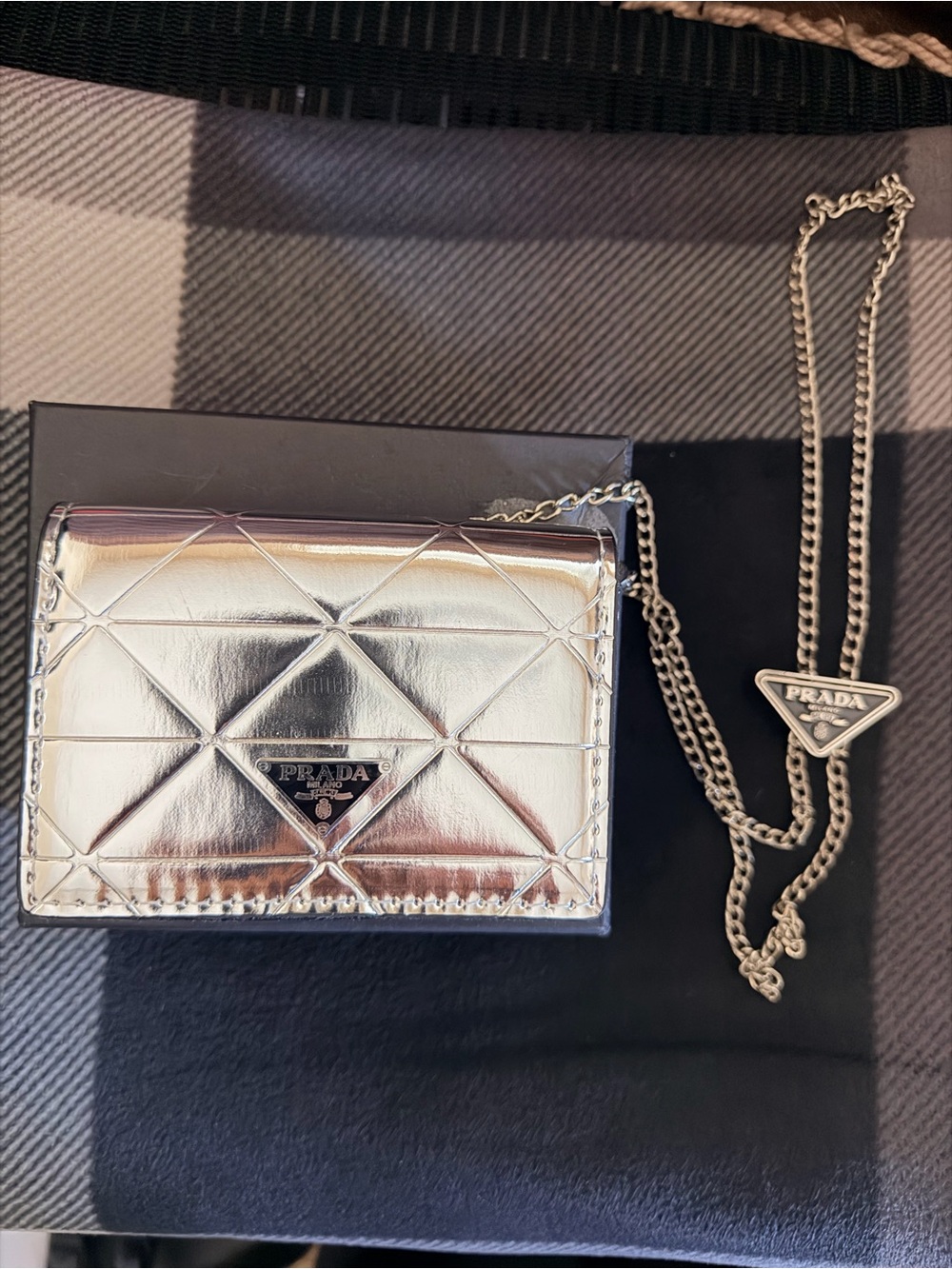 Metallic Silver Quilted Card Holder with Chain Strap